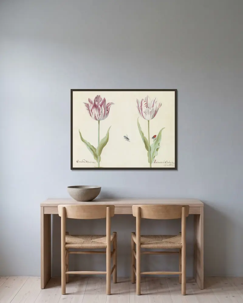Zwei Tulpen mit Mücke und Käfer von Jacob Marrel gerahmt an einer Wand