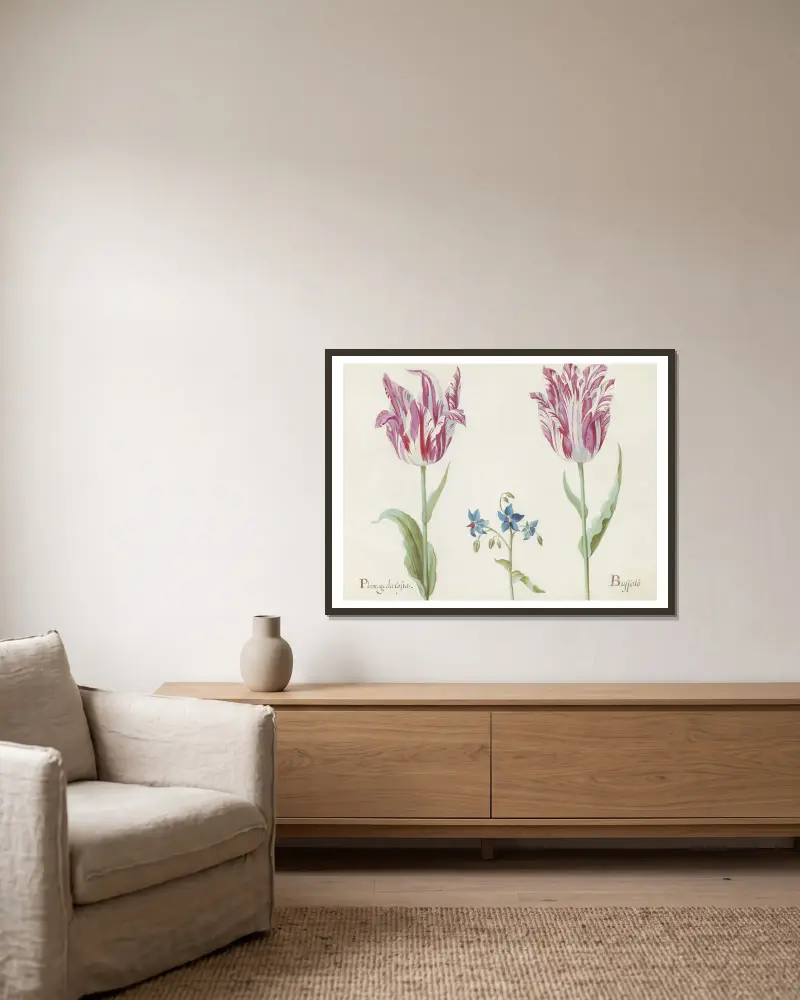 Två tulpaner med okänd blommande växt av Jacob Marrel inramad på en vägg
