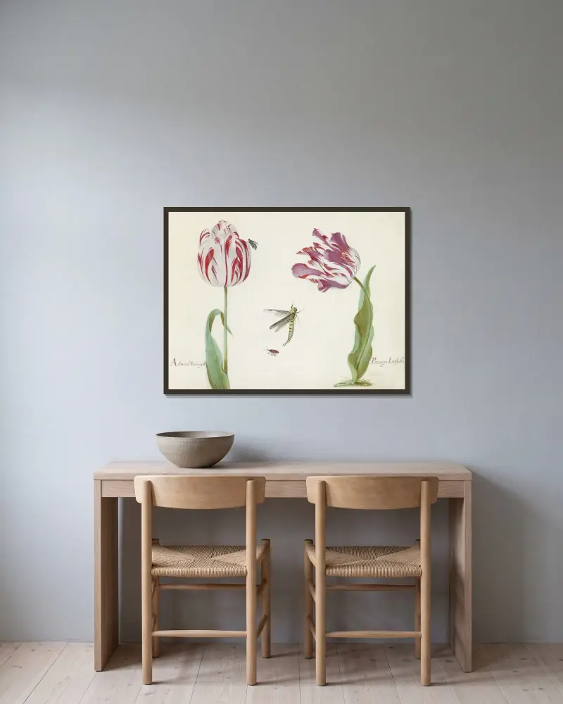 Zwei Tulpen mit Fliege, Libelle und Käfer von Jacob Marrel gerahmt an einer Wand