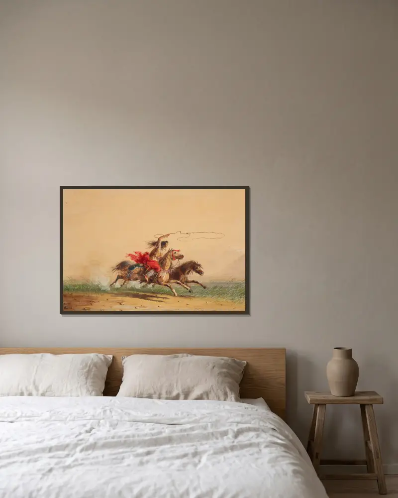 Lassoing Wild Horses av Alfred Jacob Miller inramad på en vägg