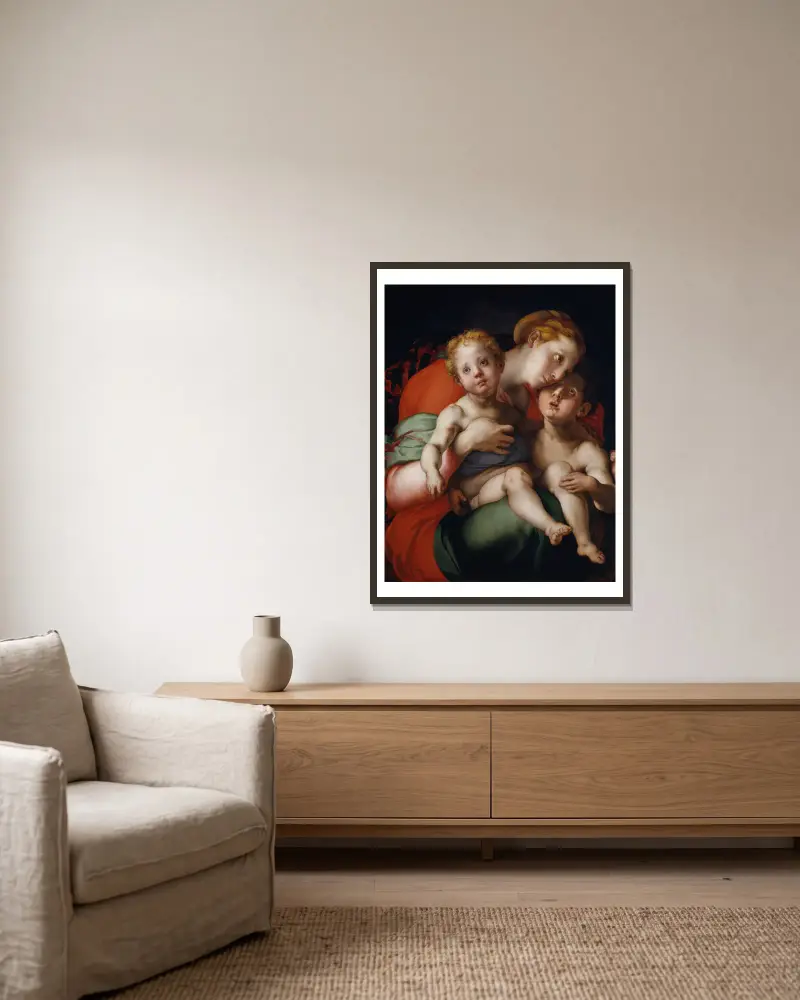 Madonna mit Kind und dem jungen Johannes von Pontormo (Jacopo Carucci) gerahmt an einer Wand