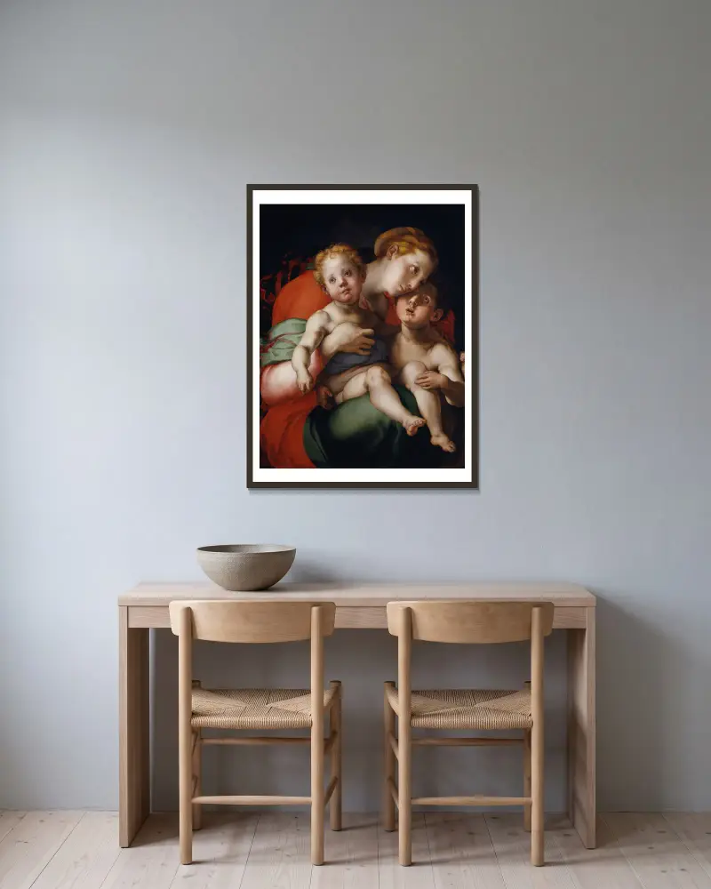 Madonna mit Kind und dem jungen Johannes von Pontormo (Jacopo Carucci) gerahmt an einer Wand