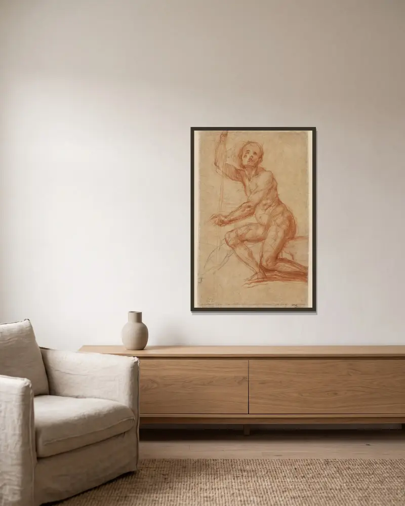 Studie av sittande man av Pontormo (Jacopo Carucci) inramad på en vägg