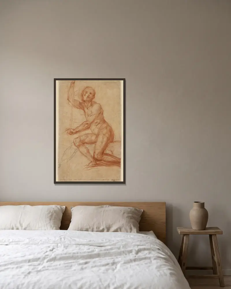 Studie av sittande man av Pontormo (Jacopo Carucci) inramad på en vägg