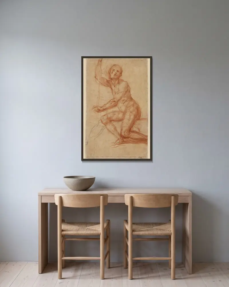 Studie av sittande man av Pontormo (Jacopo Carucci) inramad på en vägg