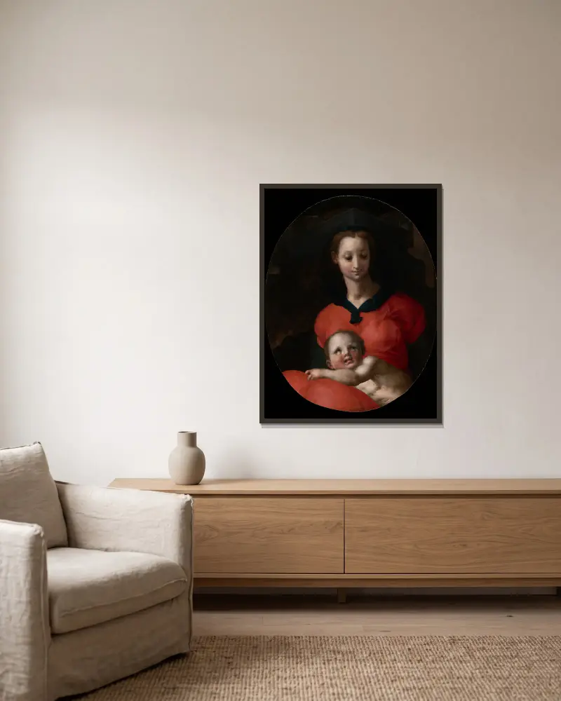 Madonna mit Kind, bekannt als Madonna del Libro von Pontormo (Jacopo Carucci) gerahmt an einer Wand