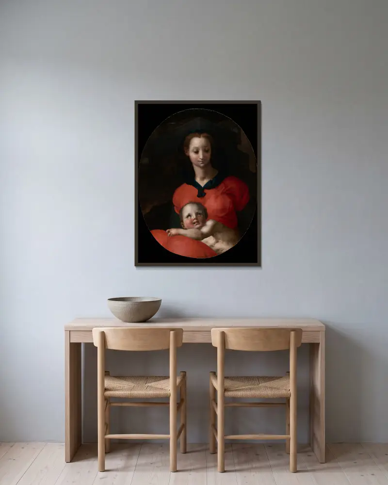 Madonna mit Kind, bekannt als Madonna del Libro von Pontormo (Jacopo Carucci) gerahmt an einer Wand