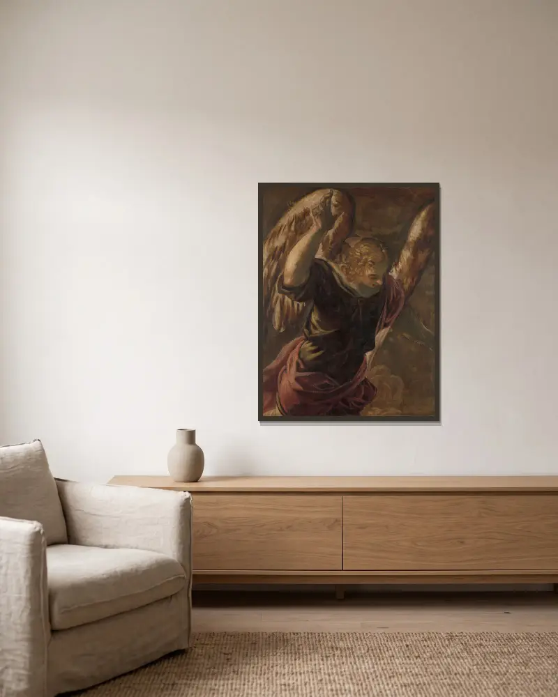 Ängel från bebådelsen till Jungfru Maria av Jacopo Tintoretto inramad på en vägg