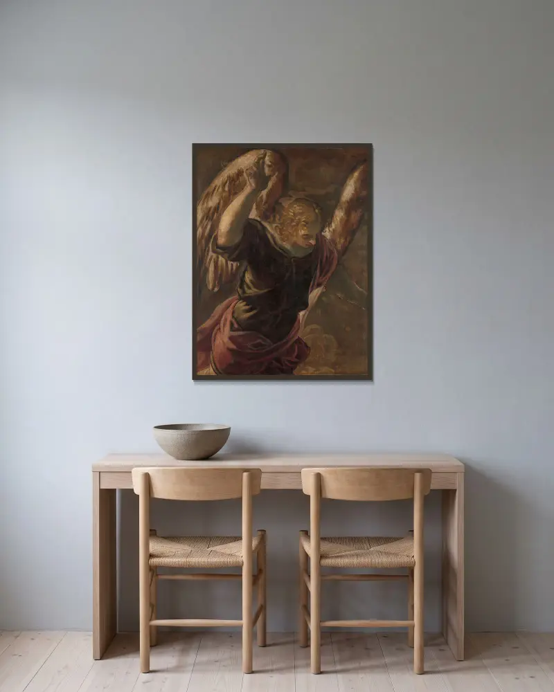 Ängel från bebådelsen till Jungfru Maria av Jacopo Tintoretto inramad på en vägg