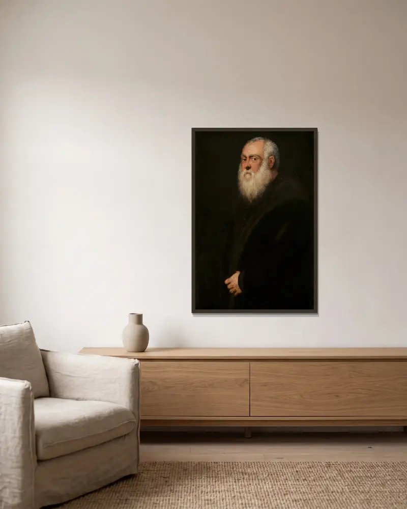 Man with a White Beard av Jacopo Tintoretto inramad på en vägg