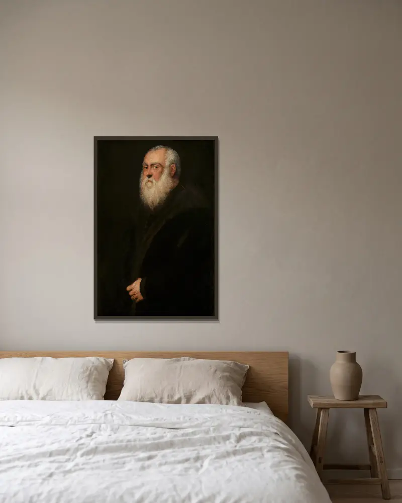 Man with a White Beard av Jacopo Tintoretto inramad på en vägg