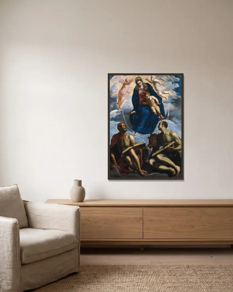 Maria med barnet, vördad av Markus och Lukas av Jacopo Tintoretto inramad på en vägg