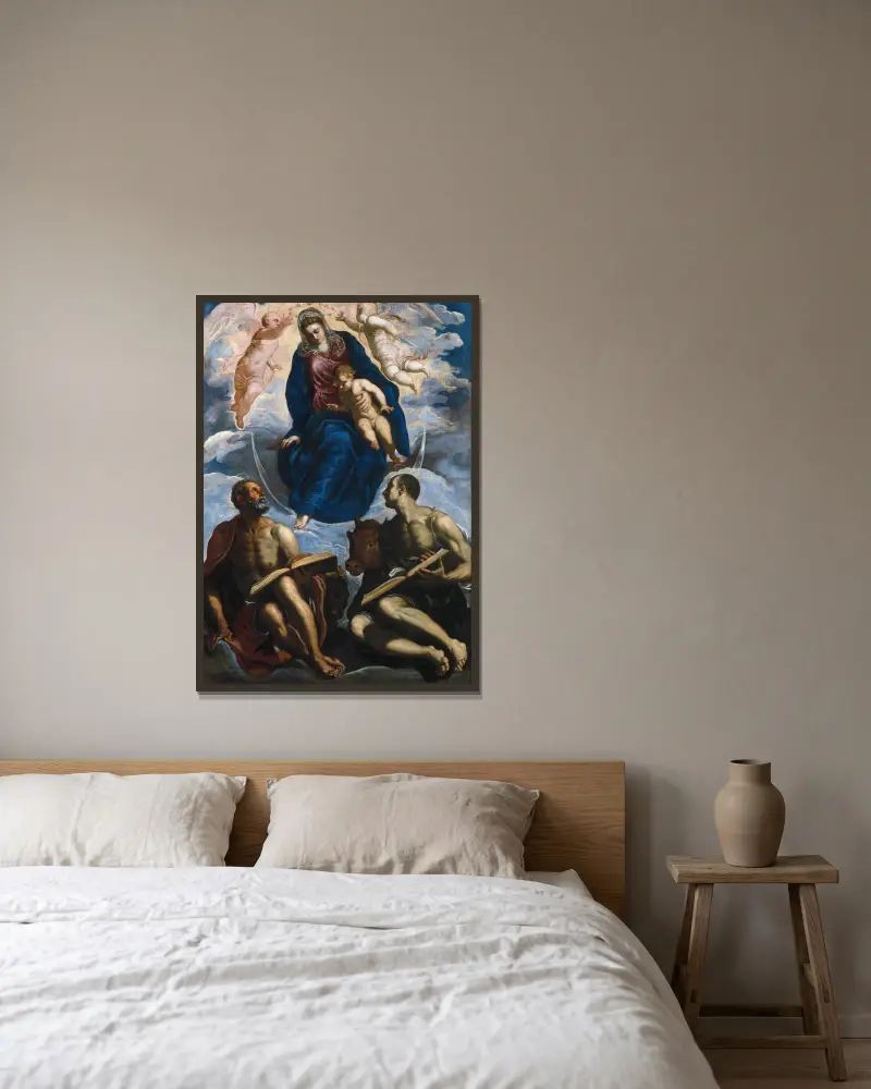 Maria med barnet, vördad av Markus och Lukas av Jacopo Tintoretto inramad på en vägg