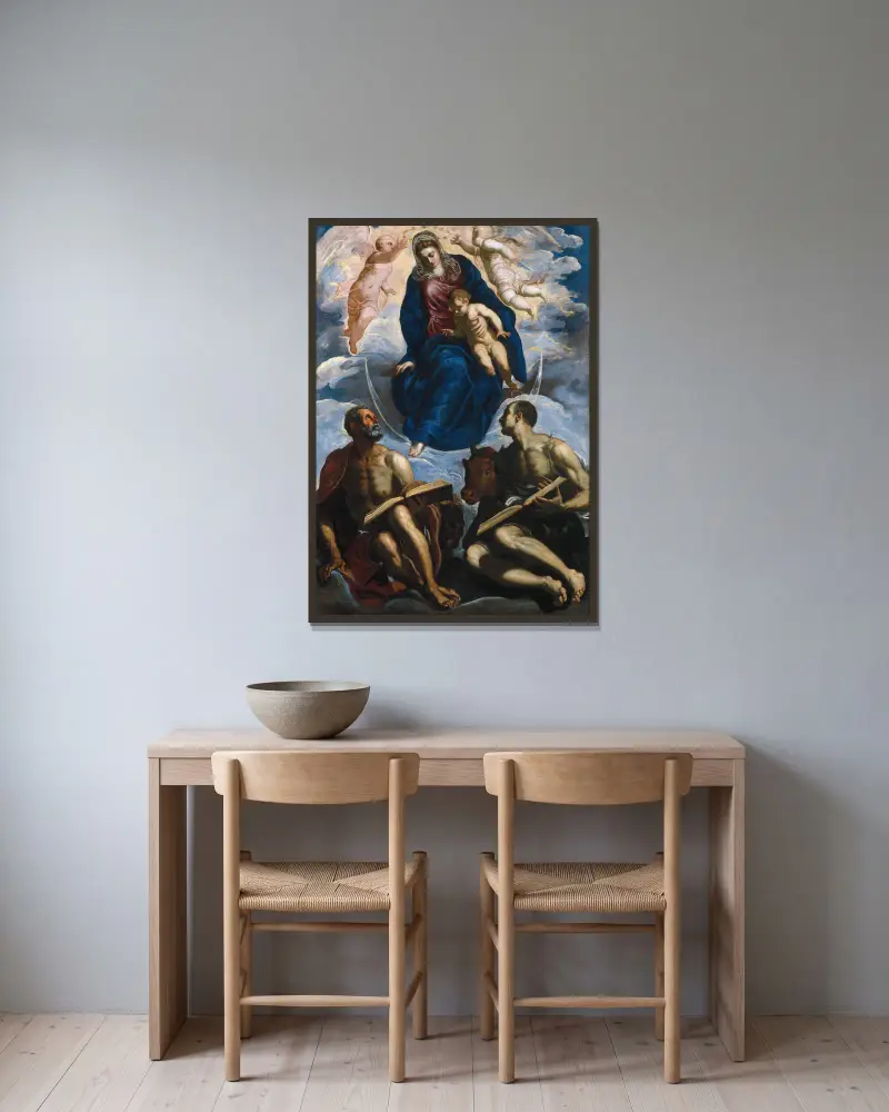 Maria med barnet, vördad av Markus och Lukas av Jacopo Tintoretto inramad på en vägg