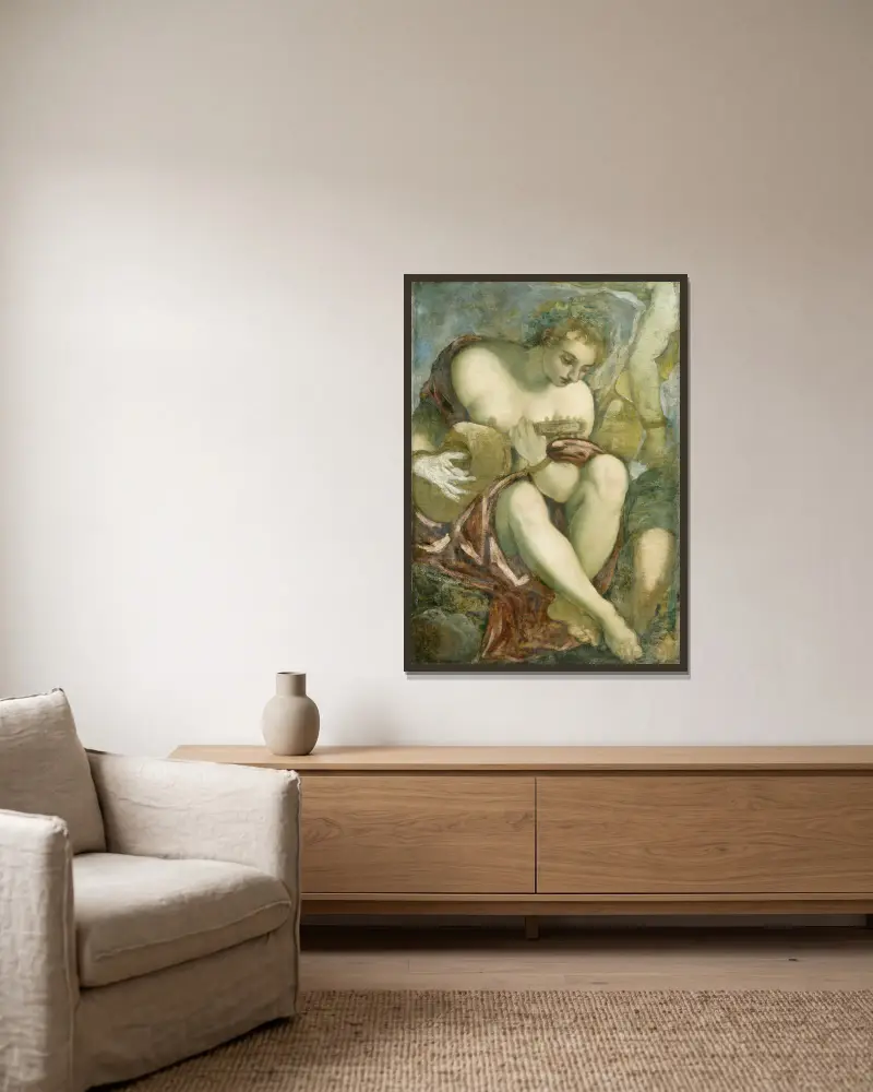 Muse mit Laute von Jacopo Tintoretto gerahmt an einer Wand