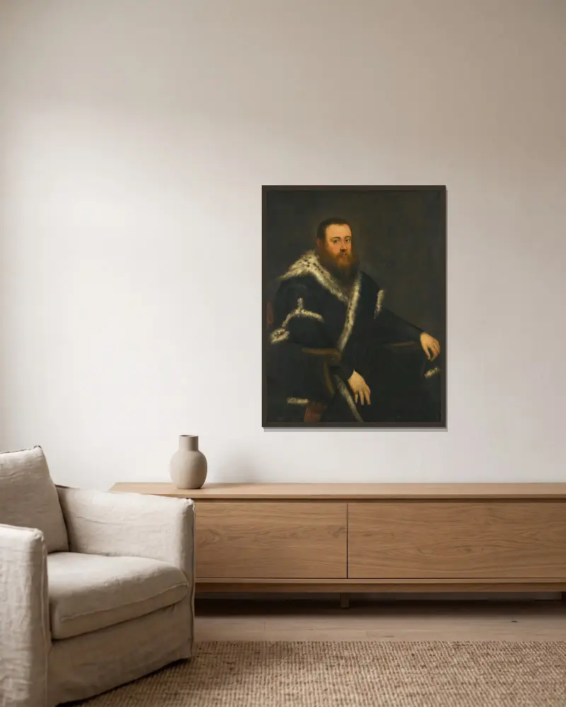 Bildnis eines bärtigen Mannes in schwarzem Gewand mit Pelz von Jacopo Tintoretto gerahmt an einer Wand