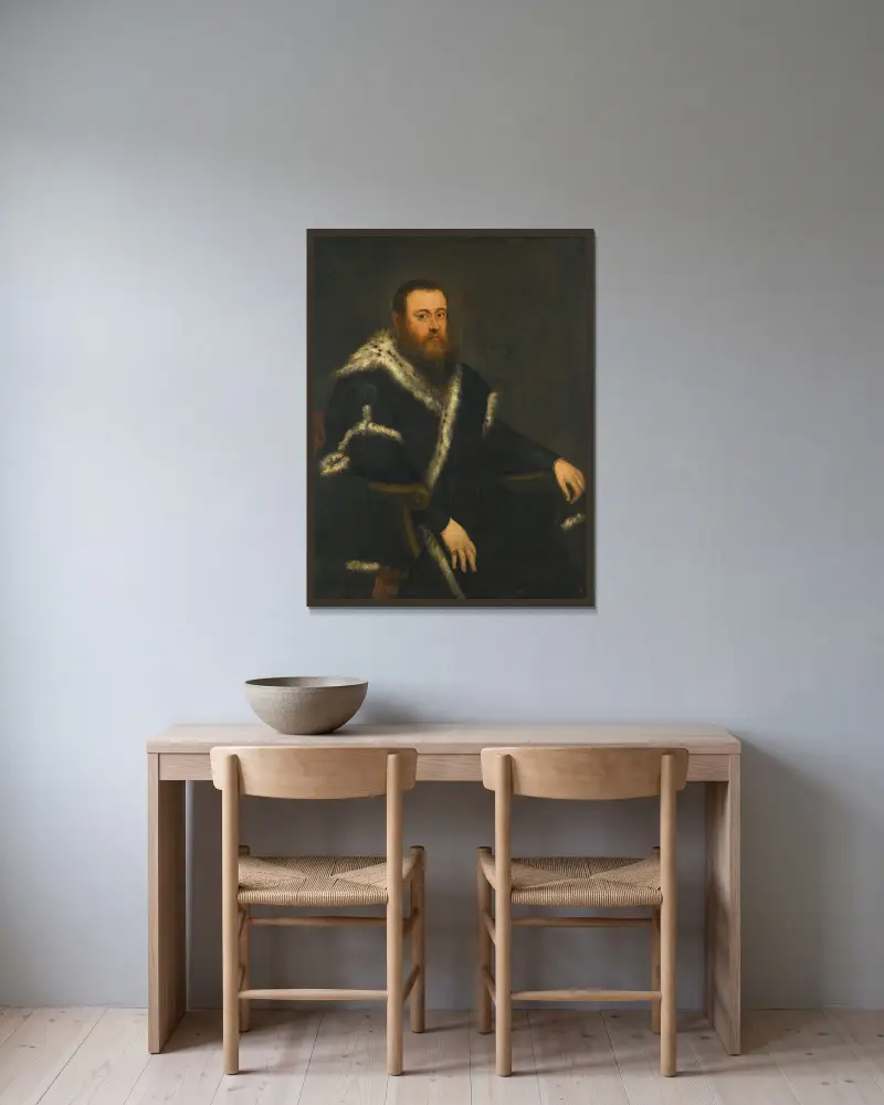 Bildnis eines bärtigen Mannes in schwarzem Gewand mit Pelz von Jacopo Tintoretto gerahmt an einer Wand