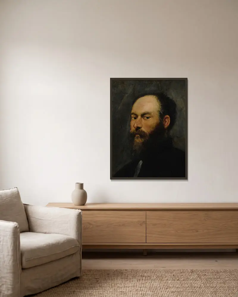 Porträtt av en man – nr 1 av Jacopo Tintoretto inramad på en vägg