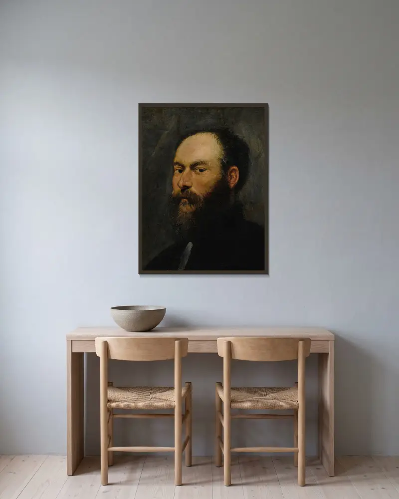Porträtt av en man – nr 1 av Jacopo Tintoretto inramad på en vägg