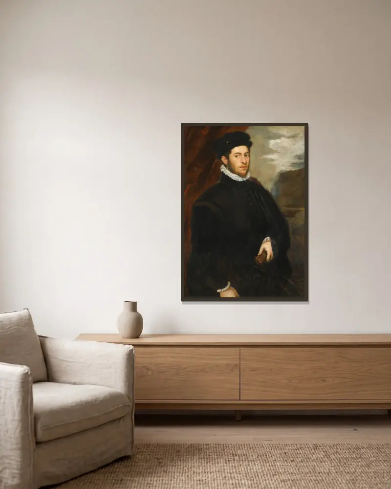 Porträtt av en adelsman av Jacopo Tintoretto inramad på en vägg