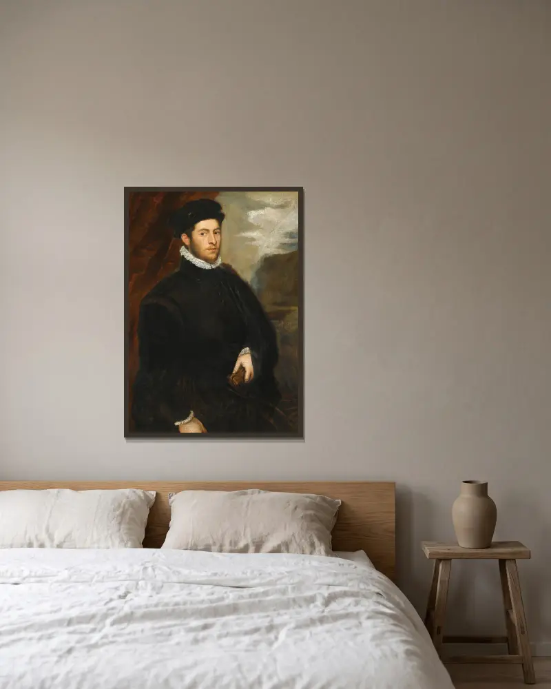 Porträtt av en adelsman av Jacopo Tintoretto inramad på en vägg