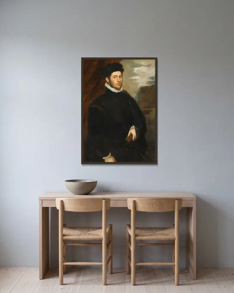 Porträtt av en adelsman av Jacopo Tintoretto inramad på en vägg