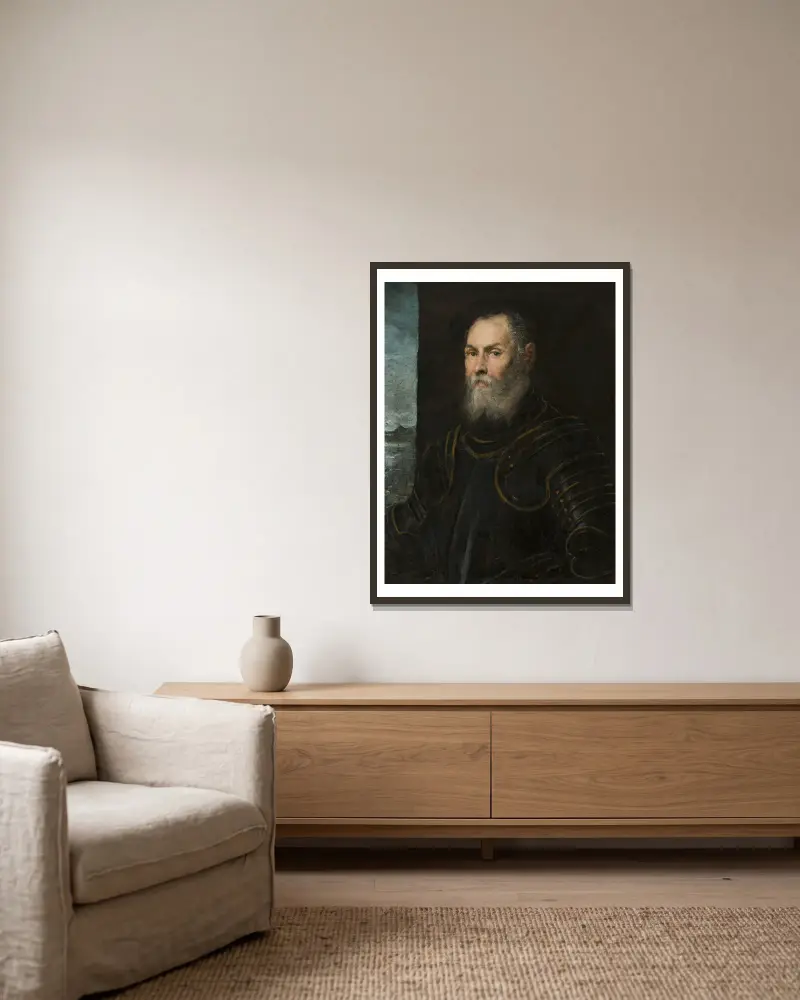 Porträtt av en venetiansk amiral av Jacopo Tintoretto inramad på en vägg