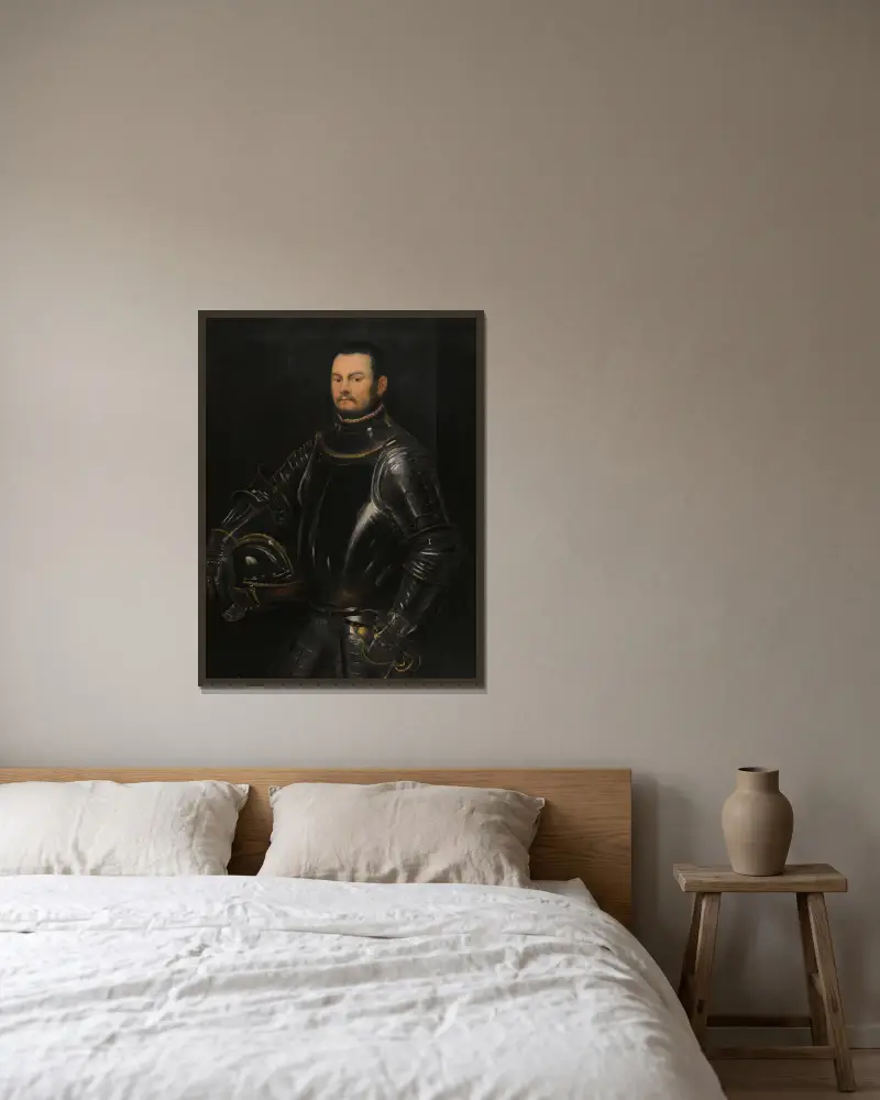 Porträtt av en ung skäggig man av Jacopo Tintoretto inramad på en vägg