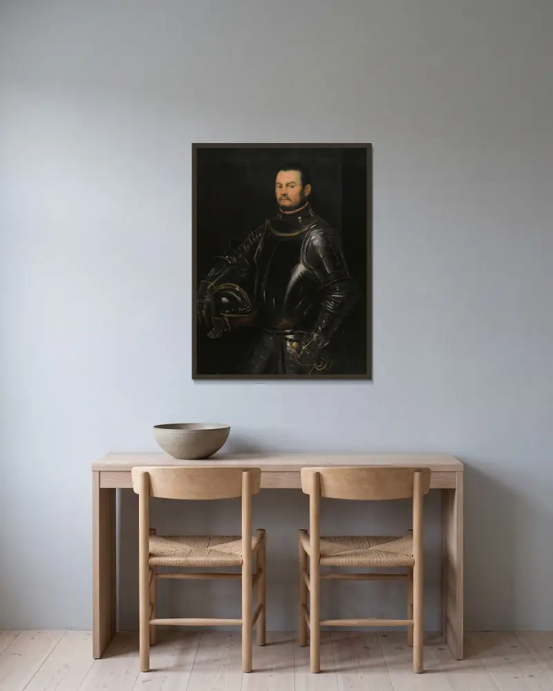 Porträtt av en ung skäggig man av Jacopo Tintoretto inramad på en vägg