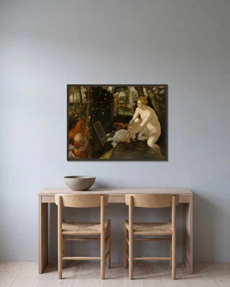 Susanna And The Elders av Jacopo Tintoretto inramad på en vägg