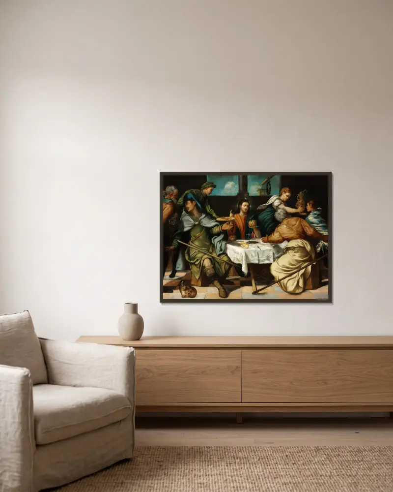 Das Abendmahl in Emmaus von Jacopo Tintoretto gerahmt an einer Wand