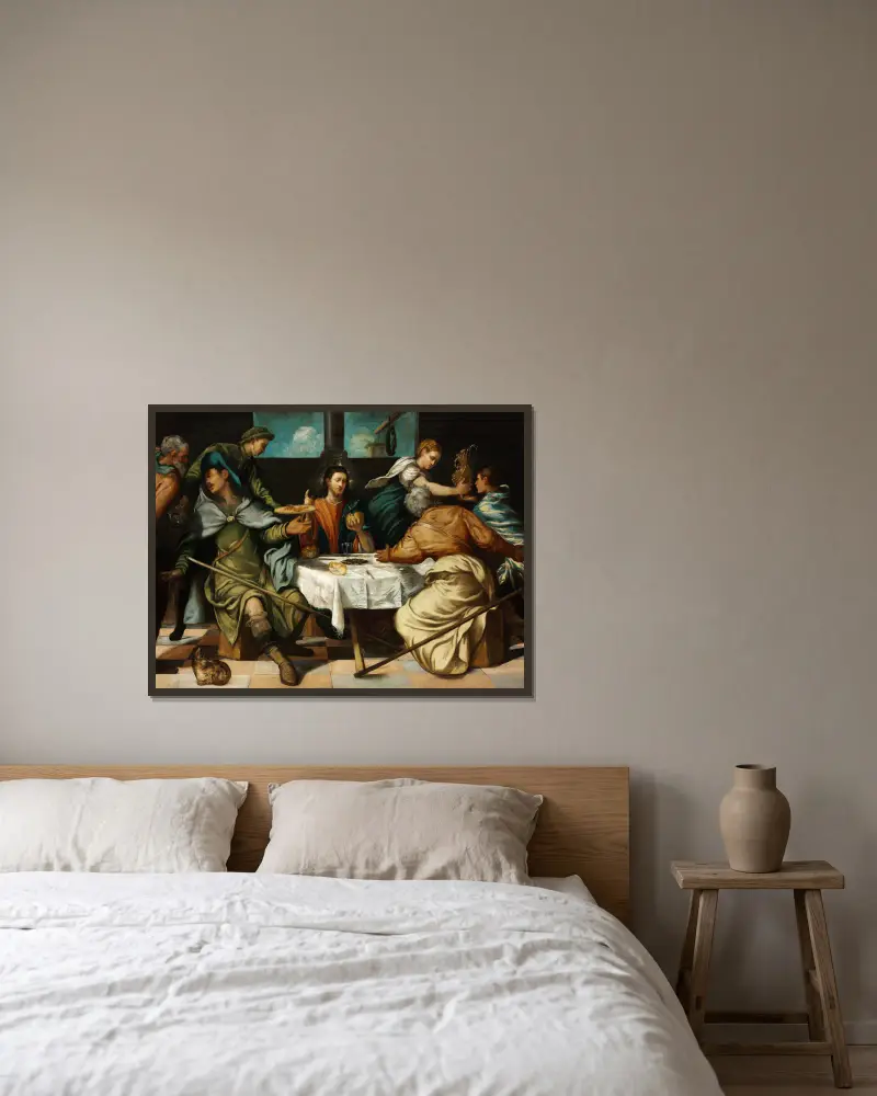 Das Abendmahl in Emmaus von Jacopo Tintoretto gerahmt an einer Wand