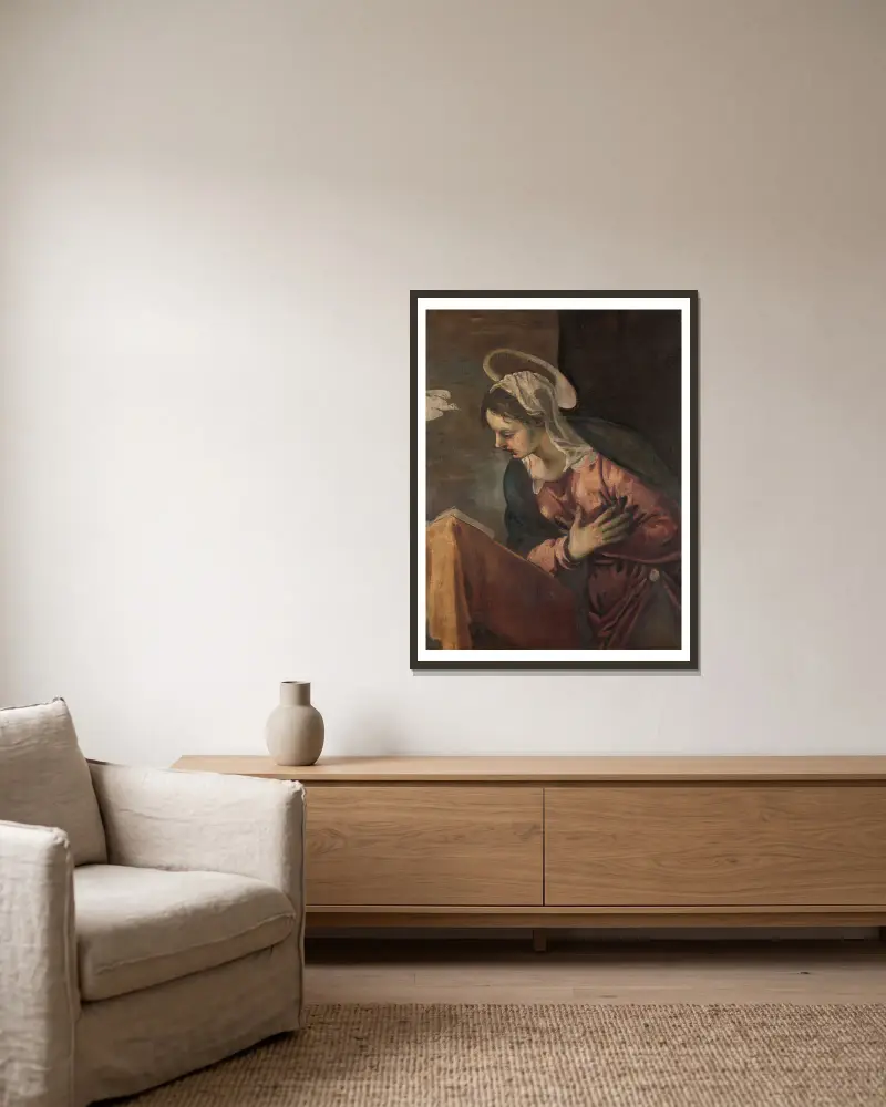 Jungfrun från bebådelsen av Jacopo Tintoretto inramad på en vägg
