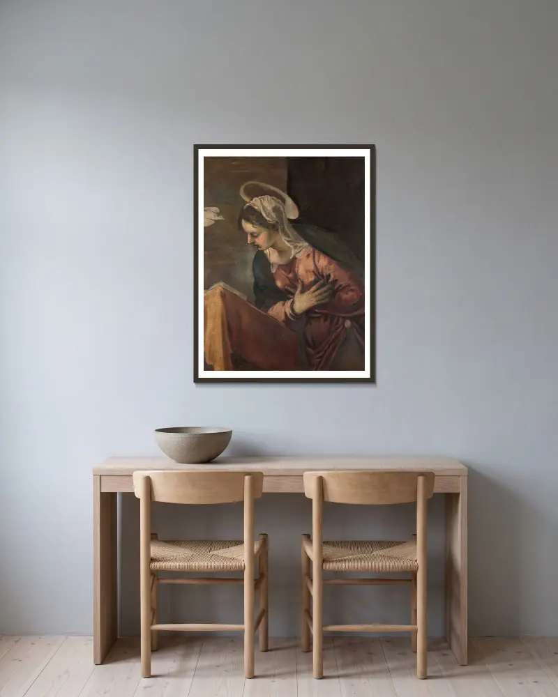 Jungfrun från bebådelsen av Jacopo Tintoretto inramad på en vägg