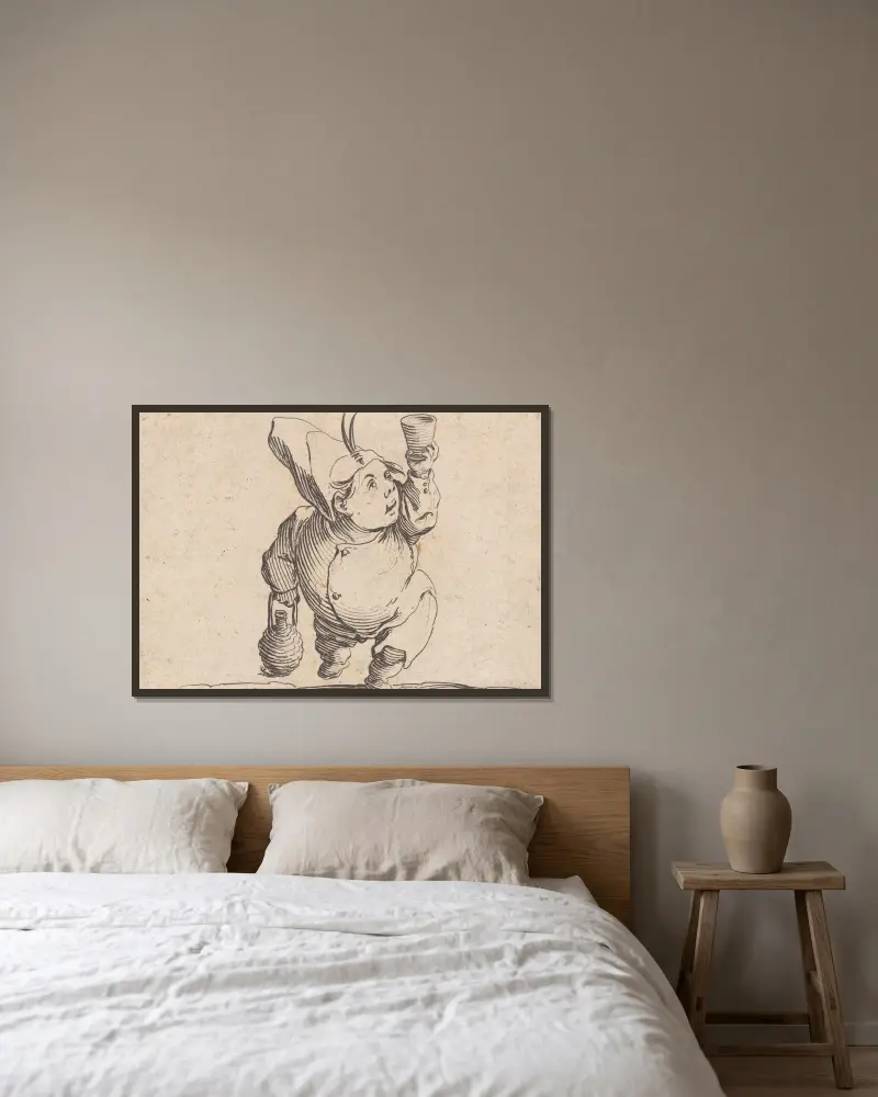 Le beveur vu de face av Jacques Callot inramad på en vägg
