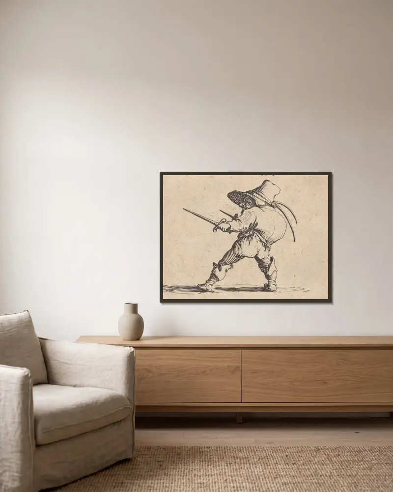 Le duelliste a l’épée et au poignard av Jacques Callot inramad på en vägg