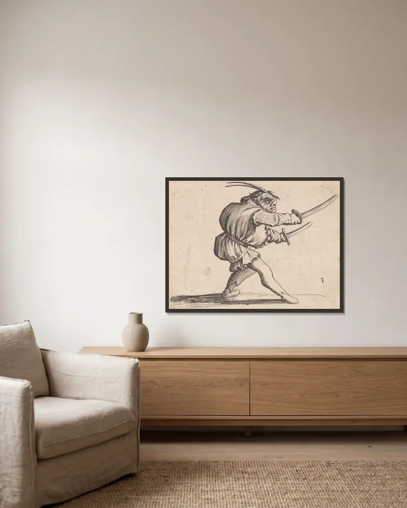 Der Duellant mit zwei Säbeln von Jacques Callot gerahmt an einer Wand
