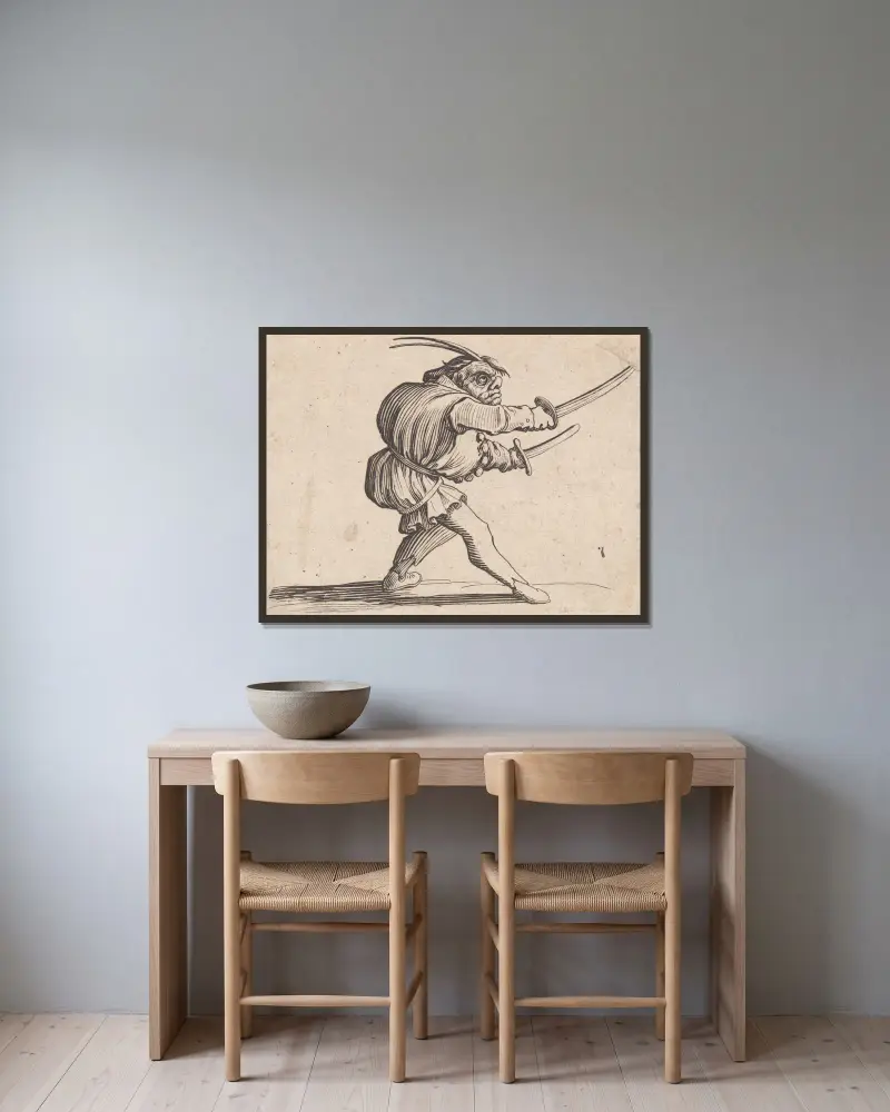 Der Duellant mit zwei Säbeln von Jacques Callot gerahmt an einer Wand