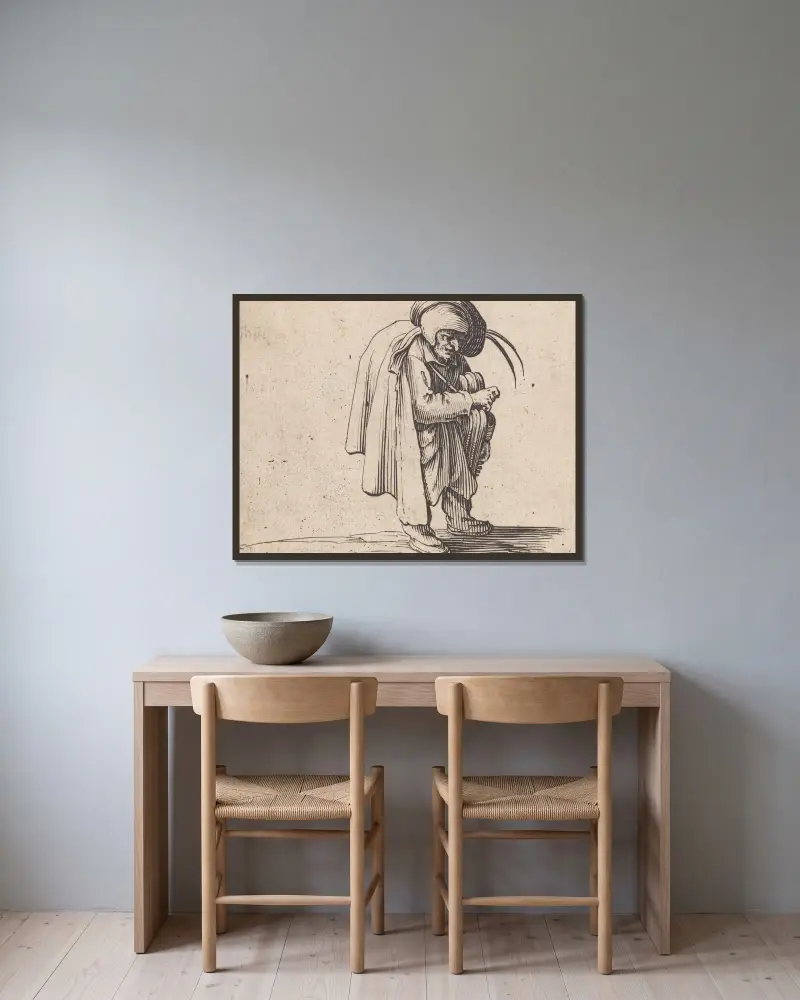 Grający na lirze korbowej, Jacques Callot w ramie na ścianie