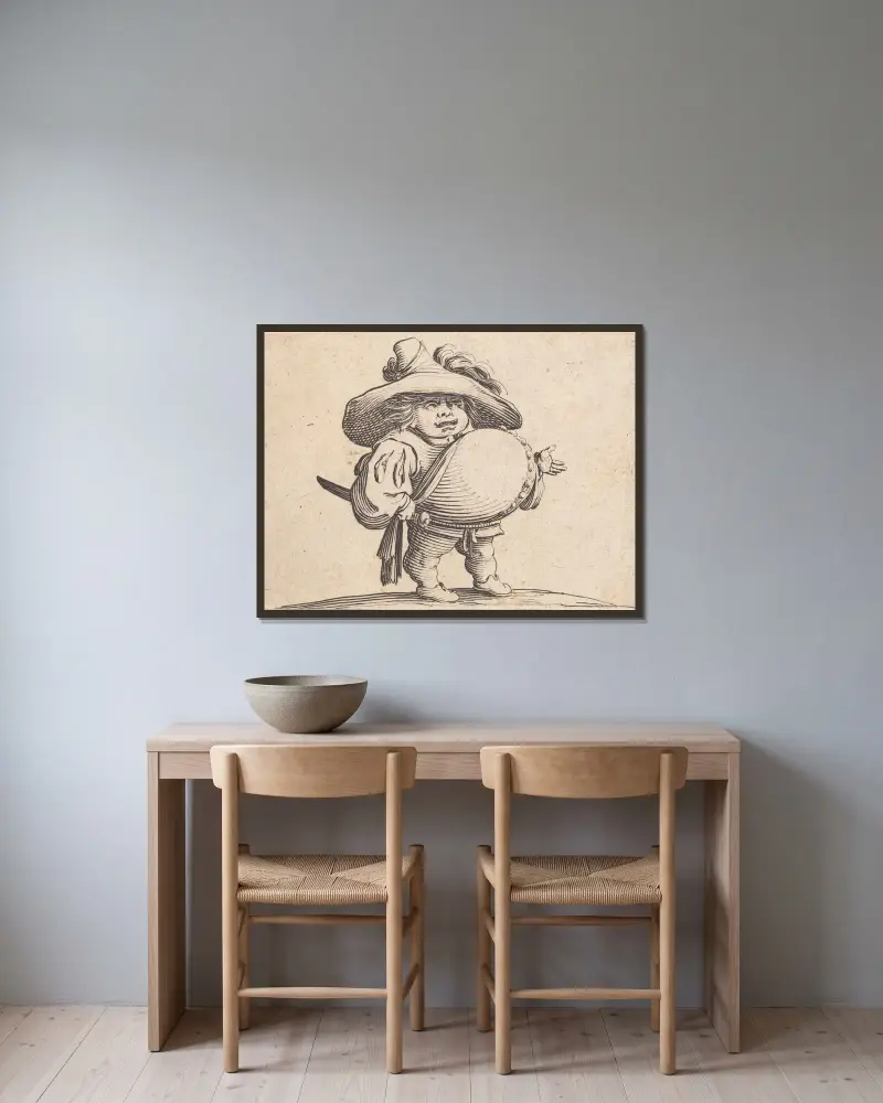 Der Mann mit dem großen Bauch, verziert mit einer Knopfreihe von Jacques Callot gerahmt an einer Wand