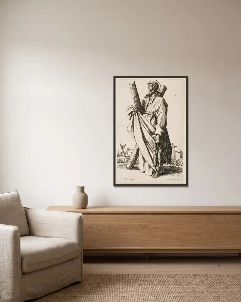 St. André av Jacques Callot inramad på en vägg