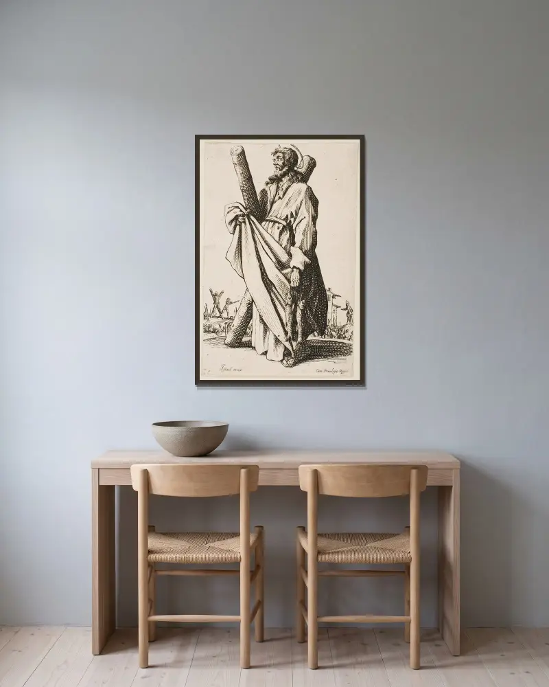 St. André av Jacques Callot inramad på en vägg