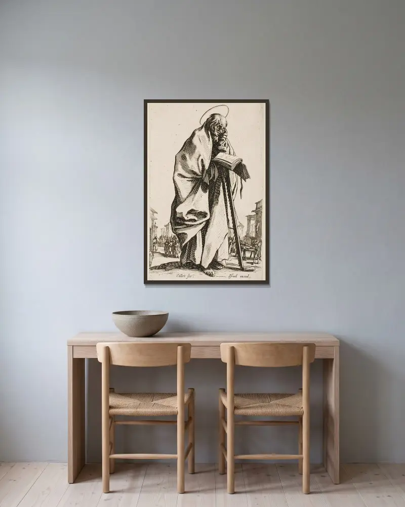 St. Simon av Jacques Callot inramad på en vägg
