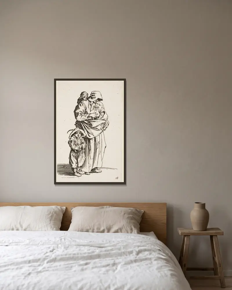Modern och hennes tre barn av Jacques Callot inramad på en vägg