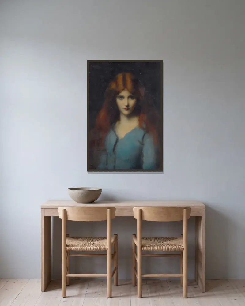 Ung flicka i blå klänning av Jean-Jacques Henner inramad på en vägg
