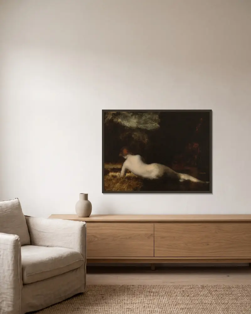 Nymphe couchée av Jean-Jacques Henner inramad på en vägg