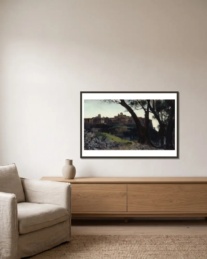 Italienskt landskap. By i skymningen av Jean-Jacques Henner inramad på en vägg