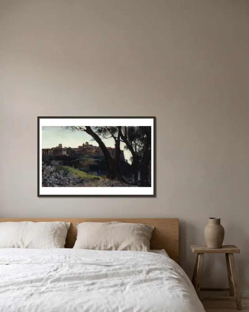 Italienskt landskap. By i skymningen av Jean-Jacques Henner inramad på en vägg