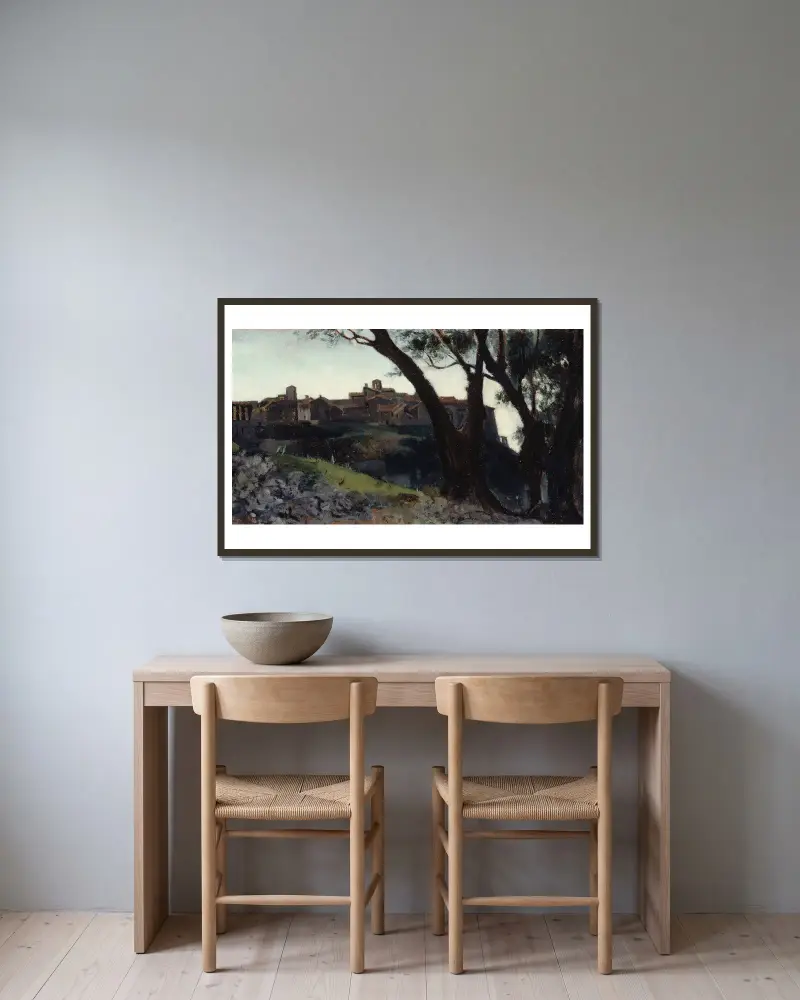 Italienskt landskap. By i skymningen av Jean-Jacques Henner inramad på en vägg