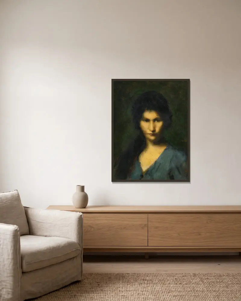 Porträtt av en ung kvinna av Jean-Jacques Henner inramad på en vägg